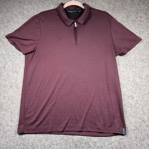 Perry Ellis Mens Large Burgundy Micro Grid Quarter Zip Polo Shirt Short Sleeve